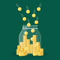 A glass money jar full of gold coins. Keeping a dollar coin in a piggy bank. Growth, income, savings, investment. Symbol of wealth. Success in business. Vector illustration of flat style