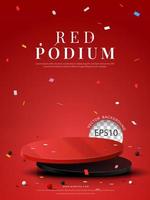 Modern red and black round podium with confetti on red background. Vector illustration