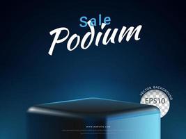 Sale podium with a blue neon light on black background, a backdrop for displaying products. Vector illustration.