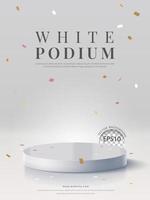 Cylinder white pedestal podium with confetti on white background. Vector illustration