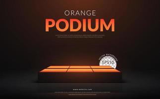 Empty stage podium with orange neon light on black background. Vector illustration