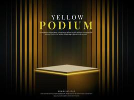 Cube podium with yellow neon light and minimal abstract background. Vector illustration