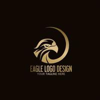 Bird eagle logo design and circle frame in golden color, eagle or hawk emblem vector icon.