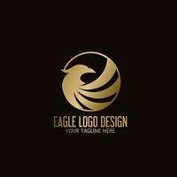 Bird eagle logo design and circle frame in golden color, eagle or hawk emblem vector icon.