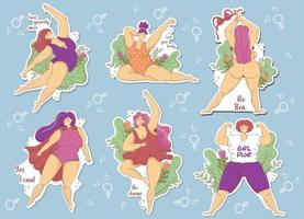 Bundle with stickers of happy plus size women with hairy legs and armpits in various poses and positive feminist slogans vector