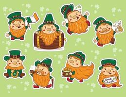 Bundle of stickers with Cartoon doodle saint patrick red-bearded gnomes vector