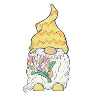 Vector Easter illustration with a happy gnome with a bouquet of spring flowers in his hands. For cards, invitations, packaging design, posters, prints