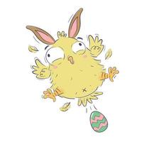 funny chick with rabbit ears puffs out an easter egg in the air vector