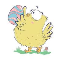 Funny Easter chick carries an Easter egg in his hands vector