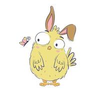 Funny chicken with rabbit ears looks at a butterfly nearby vector