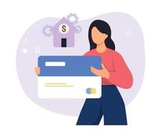 A young woman who uses a bank card. Functions and use of a credit card concept. Vector illustration.