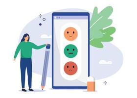 Characters giving positive feedback and filing checklist on smartphone. Rating scale and customer satisfaction concept. Vector illustration.