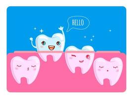 Teething baby banner with cartoon tooth character. Normal growth of milk teeth vector illustration. Children dental care and healthcare concept. Animated teeth dental clinic poster