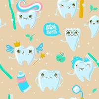 seamless pattern with cute teeth, toothbrush and paste vector