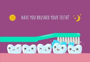 Toothbrush brushing smiling teeth characters in mouth. Tooth brushing inside mouth view. Teeth hygiene concept. Toothpaste foam. vector