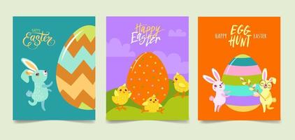 Happy easter. Cute bunnies and chicks and painted easter eggs with text logo on color background, can be used for greeting card, text can be added. Mockup template vector illustration