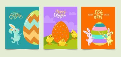 Happy easter. Cute bunnies and chicks and painted easter eggs with text logo on color background, can be used for greeting card, text can be added. Mockup template vector illustration