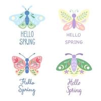 Set of moths and butterflies in spring colours doodle flat style. Hello spring lettering. Vector illustration