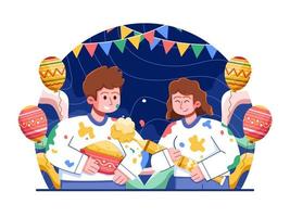 Illustration of people in India happily celebrating the Holi festival by throwing and spreading colorful powder, symbolizing happiness and the arrival of spring. Happy couple celebrating Holi festival vector