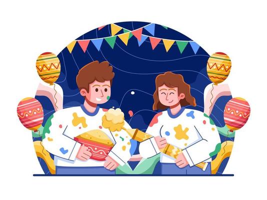 Illustration of people in India happily celebrating the Holi festival by throwing and spreading colorful powder, symbolizing happiness and the arrival of spring. Happy couple celebrating Holi festival