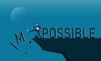 Businessman change impossible to possible text on top mountain, Business, success, challenge, motivation, achievement and goal concept. vector