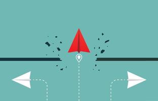 Overcoming obstacles, barrier, target, goal with red paper plane breaking through obstacle when the others paper plane don't. Business solution or leadership and effort for growth and success vector