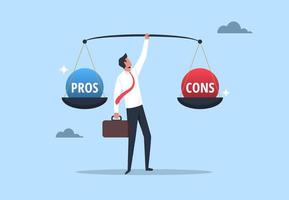 Pros and cons concept, businessman holding scales with pros and cons on it, advantages and disadvantages comparison, good and bad symbol, consideration for making decision illustration vector