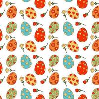 Easter seamless pattern with easter eggs and flowers, groovy style pattern vector