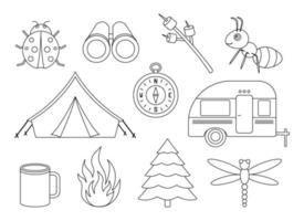 Camping simple line element collection. Outdoor adventure objects isolated on white background. vector