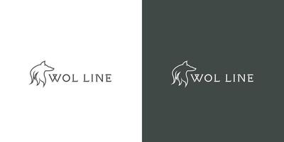 Wolf text silhouette logo design illustration Simple flat linear alphabet with a ferocious creature roaring is a creative idea icon. Dangerous fanged mammals vector