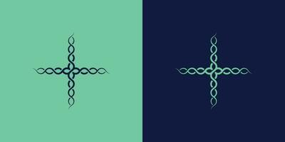 Illustration of a cross-health chain abstract logo design Concept of a simple minimalist data pattern. Vector line icons for health hospital, doctor, patient, nurse, etc.