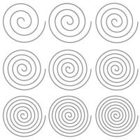Set of spirals with different number turns of scroll, vector simple helix spiral round turns gyre