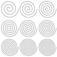 Set of spirals with different number turns of scroll, vector simple helix spiral round turns gyre