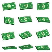 Set icons bundle bills, vector bundles of money dollar in different angles 3D isometry icons stack of bills