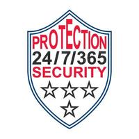 Icon sign protection and security, vector symbol of protection shield with text, 24-hour security 7 days a week, 365 days a year