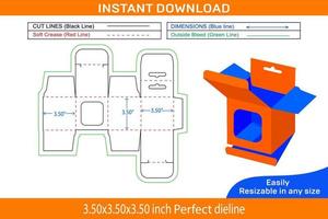 Mobile charger 3.50x3.50x3.50 inch box with window dieline template and 3D render Box dieline and 3D box vector