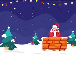 Illustration Of Cartoon Santa Claus Inside Chimney With Xmas Trees And Gift Boxes On Snow Falling Blue Background. vector