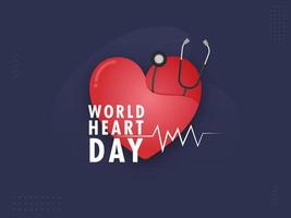 Red Paper Cut Heart with Stethoscope on Blue Background for World Heart Day. vector