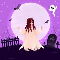 Full Moon Purple Background with Graveyard View, Female Zombie and Cheerful Ghost for Happy Halloween. vector