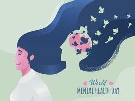 mundo mental salud día concepto establecido póster diseño con ruido efecto joven mujer y volador aves en ligero verde antecedentes. vector