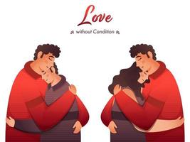 Two Types Of Couple Hugging On White Background For Love Without Condition. vector