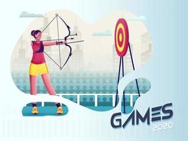 Disabled Young Girl Taking Aim From Bow Arrow in Dartboard with Cityscape View on Abstract Background for Games 2020. vector