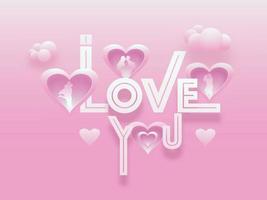 Multiple Image of Romantic Couple in Paper Heart Shape Frame with Love You Text on Pink Background. vector