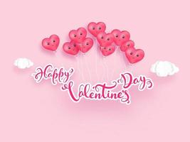 Sticker Style Happy Valentine's Day Font Decorated with Facial Expression Heart Balloons and Paper Cut Clouds on Pastel Pink Background. vector