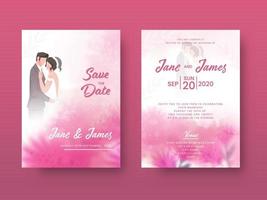 hermosa Boda invitación tarjetas con rosado acuarela floral borroso antecedentes. vector