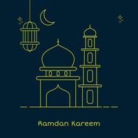 luna, linterna y mezquita línea icono. Ramadán kareem diseño modelo. mínimo y sencillo concepto. oscuro azul y amarillo. usado para saludo tarjeta o símbolo vector