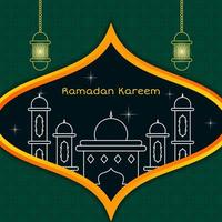 mosque and lantern line art design for ramadan kareem greeting template. minimal and simple concept. green, orange and white vector