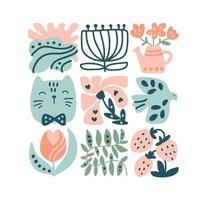 Vector spring ethnic logo composition pattern of bird, flower, leaf, strawberry and branch. Cute boho illustration in hand drawn constructor in square for tile mosaic scandinavian greeting card