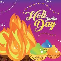 Colored holi festival poster with campfire and powders Vector illustration