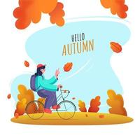 Young Girl Riding Bicycle With A Backpack On Abstract Nature Background For Hello Autumn. vector